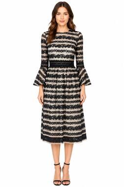 C&M Collection Black Cream Lace Bell Sleeve Fit Flare Midi Dress Size 34 XS
